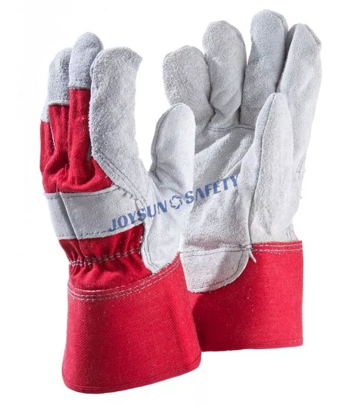 CB02 Grey Cowhide Leather Palm Work Gloves with Red Canvas