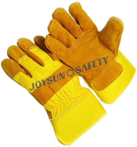CB03 Brown Cowhide Leather Palm Work Gloves with Yellow Canvas