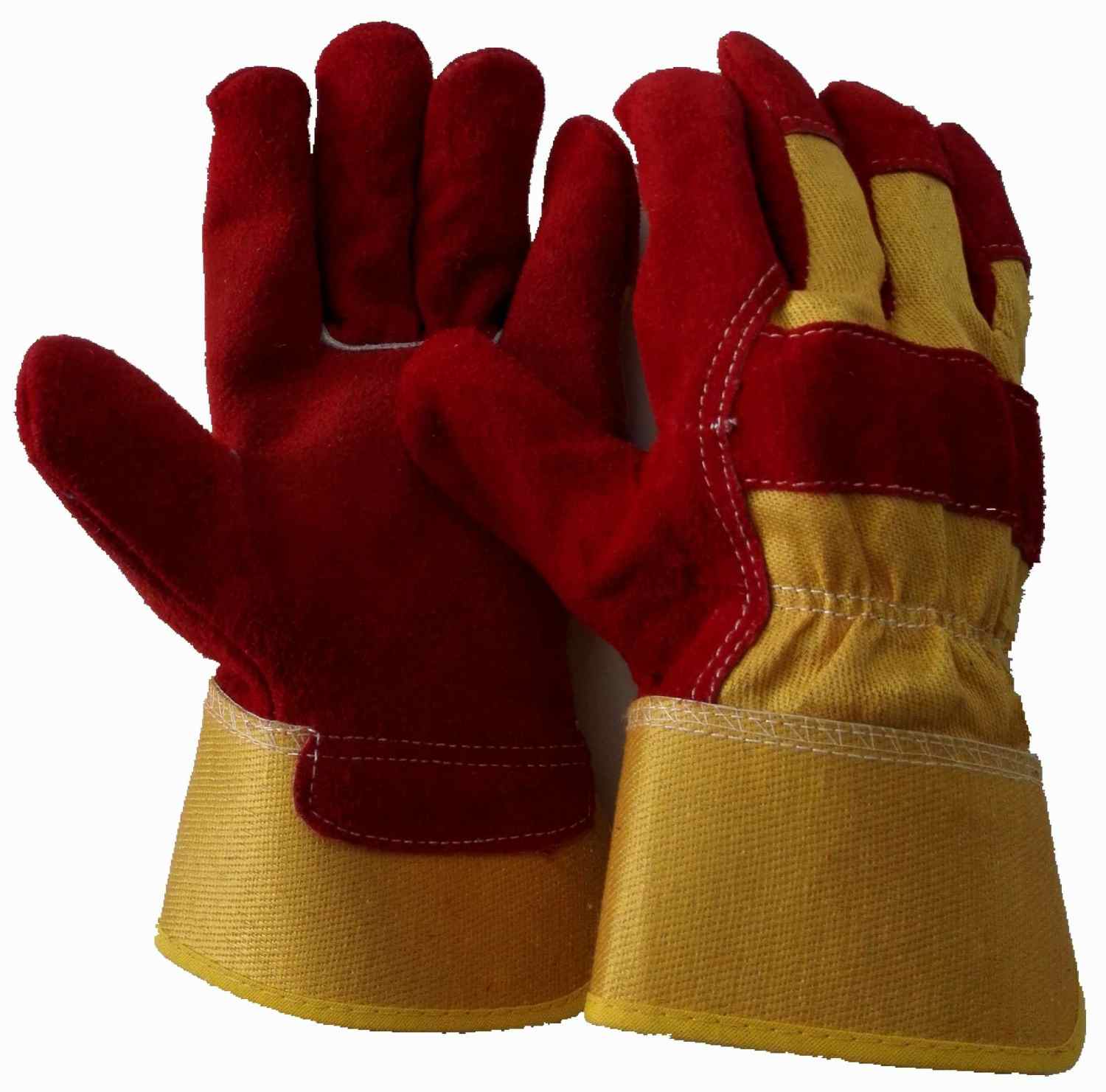 CB04 Red Cowhide Leather Working Gloves with Yellow Canvas