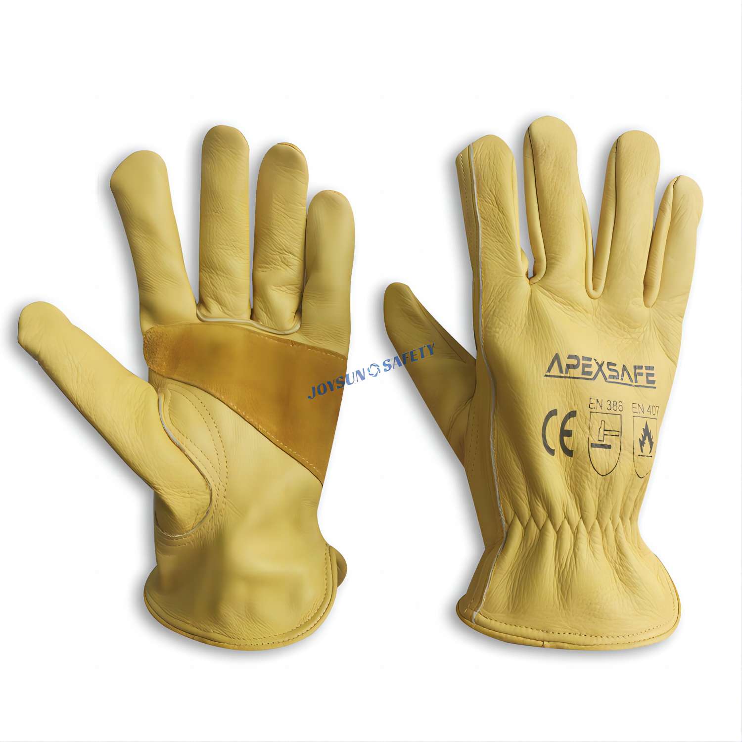 A pair of Joysun Safety DA01 yellow cowhide leather work gloves with reinforced palms for construction