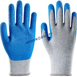 Grey abrasion-resistant work gloves with a blue latex-coated palm for enhanced grip