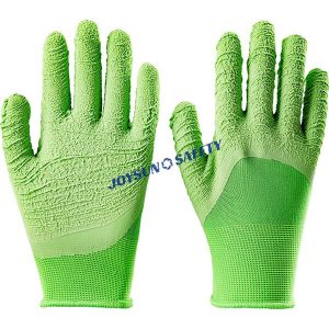 Joysun Safety's green latex coated work gloves with wrinkle rough palm finish