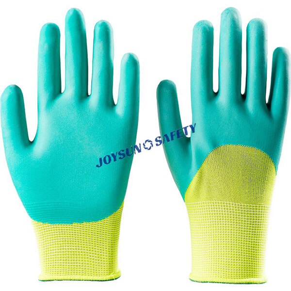 Polyester/nylon latex coated work gloves in jungle and lime colors produced by Joysun Safety