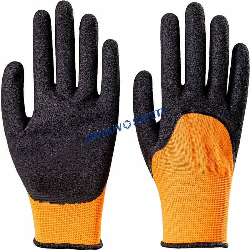 A pair of orange and black nitrile coated work gloves from JOYSUN Safety