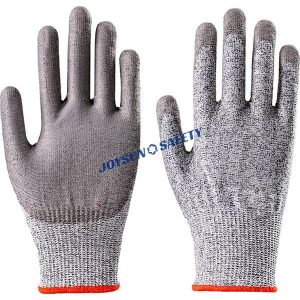 A pair of Joysun Safety PUH003 gray work gloves with grey PU coating on the palms and fingertips and orange cuffs.