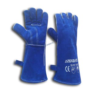 A pair of Joysun Safety WB01 blue cow split leather welding gloves with white stitching and a wrist hanger