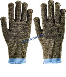 A pair of Joysun Safety Y005 black and beige cut-resistant aramid-steel work gloves with blue cuffs
